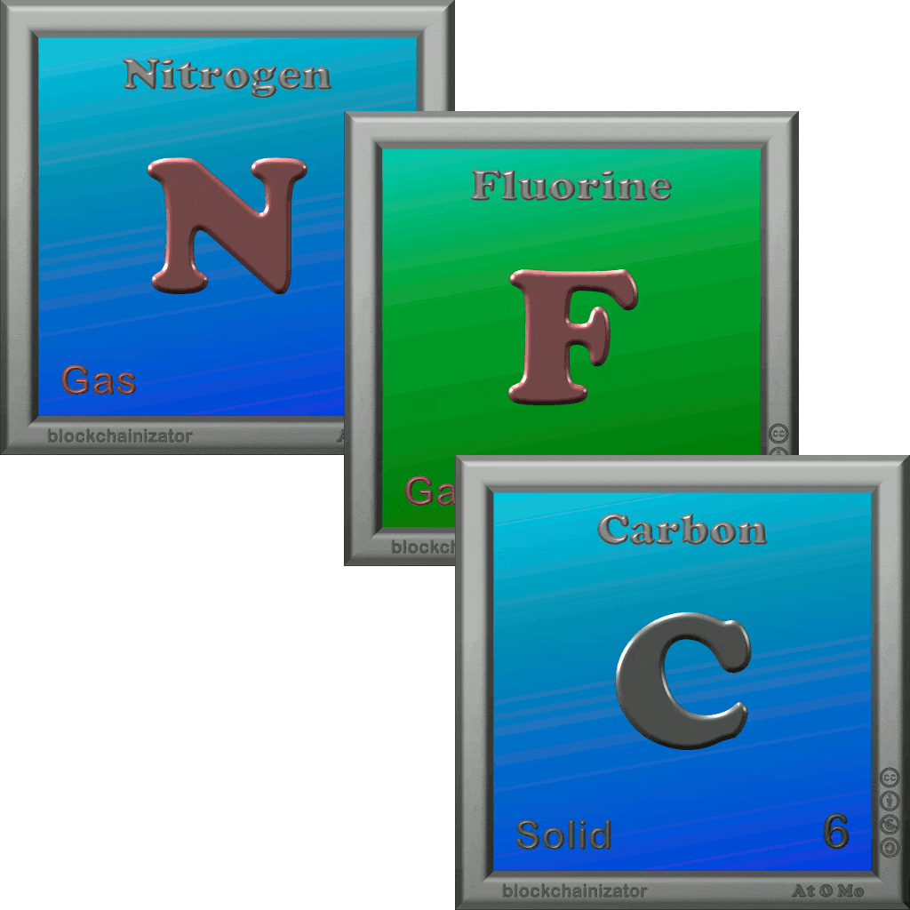 LATOMONFC — canonical on-chain Counterparty asset artwork by Nicolas Sierro. Three periodic-table tiles animating in: Nitrogen (N), Fluorine (F), Carbon (C) — spelling NFC.