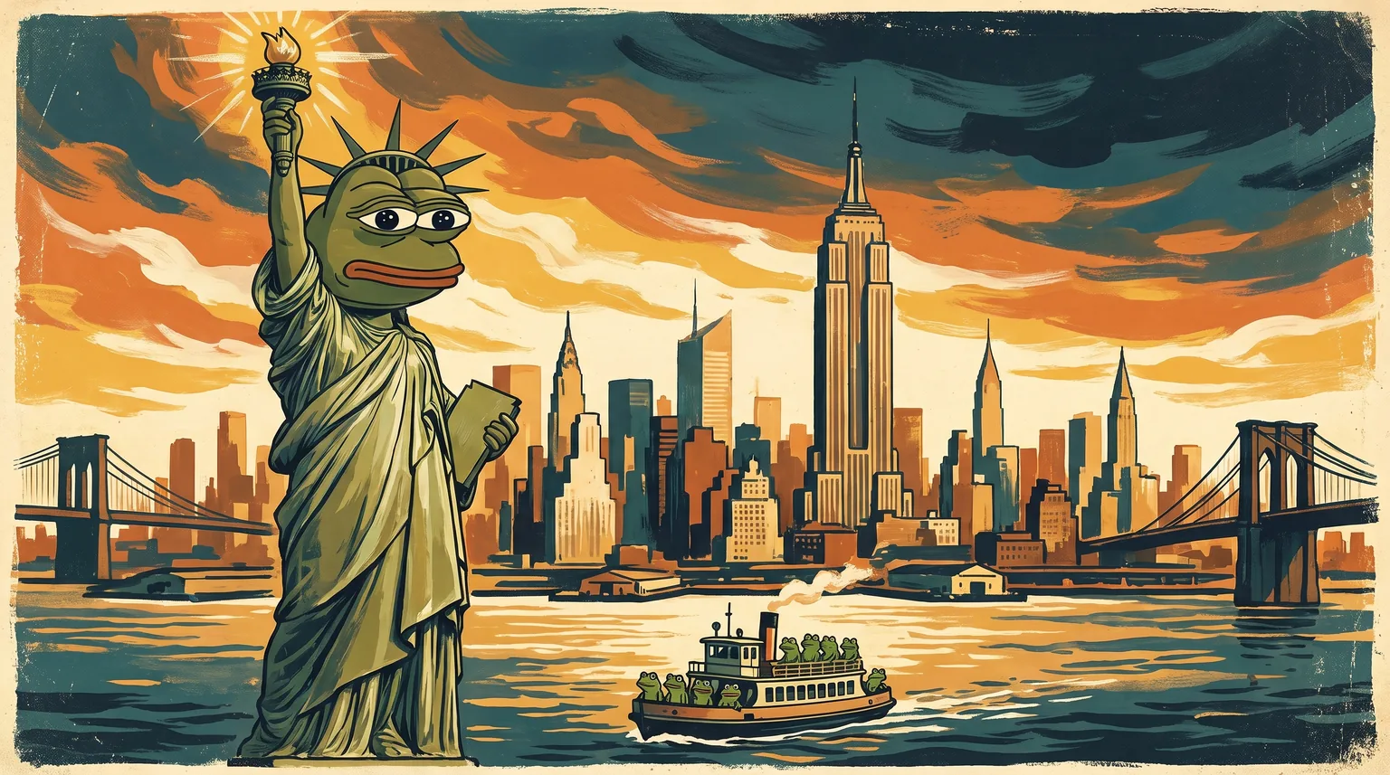A painted festival-flyer teaser — a Pepe lifting a torch as a green Lady-Liberty against the New York City skyline at dusk, a little ferry of frogs crossing the harbor