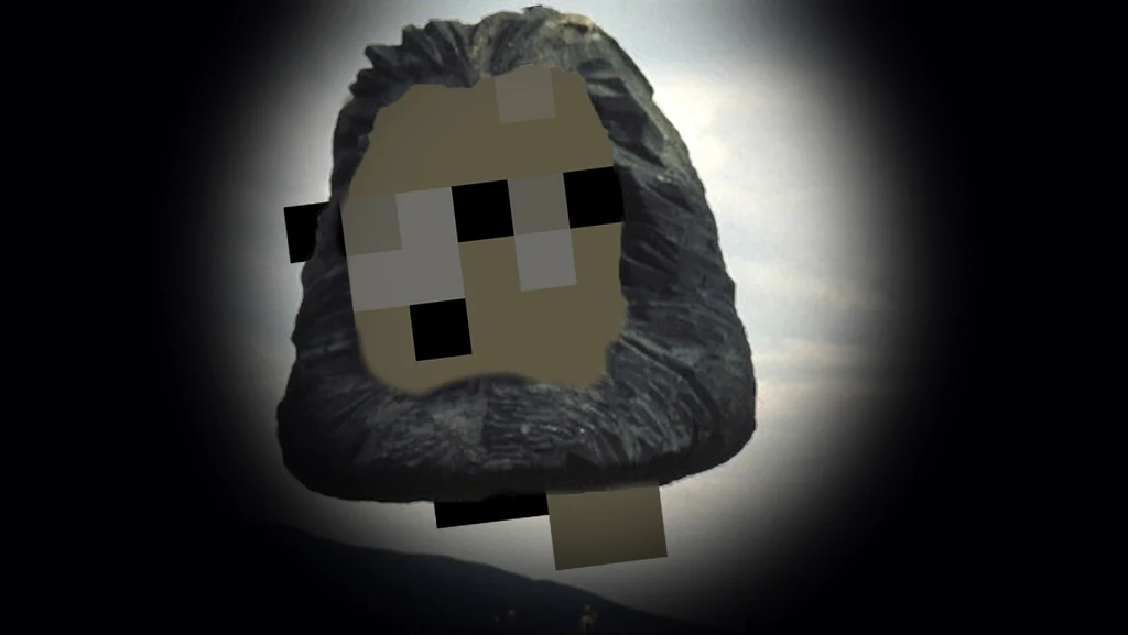 A floating Zardoz head wearing the KEVIN stamp face — speaking to his chosen ones