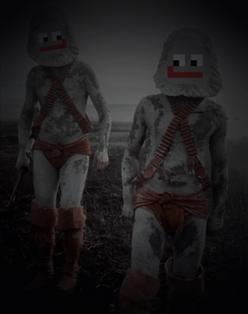 Two Pepe-faced Brutals in red bandoliers — the chosen, dispatched into the country
